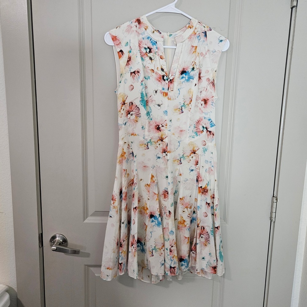 Rebecca‎ Taylor Silk Floral Fit & Flare Dress Cream Pink Blue Watercolor Size 2